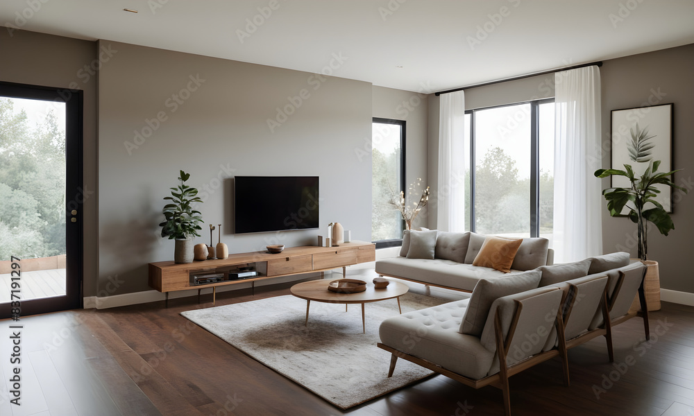 Contemporary living room interior design with neutral tones, stylish furnishings, and abundant natural light from expansive windows Contemporary living room interior design with neutral tones, stylish furnishings, and abundant natural light from expansive windows