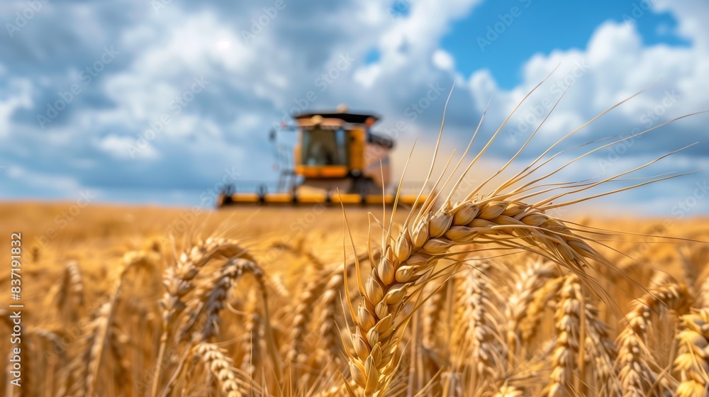 Fototapeta premium Golden Wheat Fields with Combine Harvester
