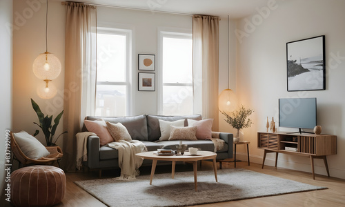 Modern living room with a gray sofa, a wooden coffee table, and a large television. The room is decorated in a minimalist style with neutral colors
