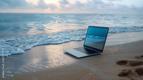 A laptop sitting on a sandy beach, with waves gently lapping at the shore in the background © Supersek