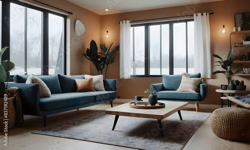 Enjoying a cozy and stylish modern living room with houseplants and warm lighting on a cold winter day
