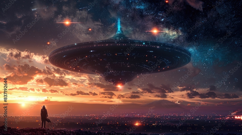 Alien mothership arrival. Ominous extraterrestrial ship looms over planet earth, signaling an invasion Alien mothership arrival. Ominous extraterrestrial ship looms over planet earth, signaling an invasion