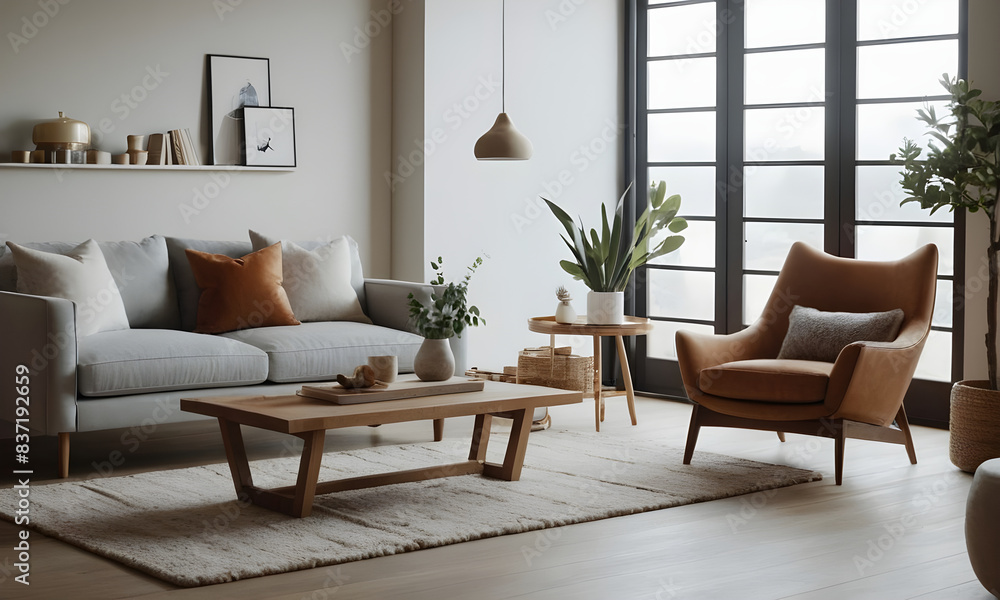 Modern living room interior with comfortable sofa and armchair. Large windows bringing natural light Modern living room interior with comfortable sofa and armchair. Large windows bringing natural light
