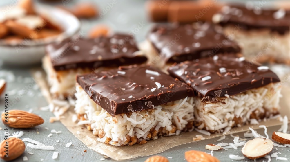 Almond joy bars with coconut, almonds, and chocolate Almond joy bars with coconut, almonds, and chocolate