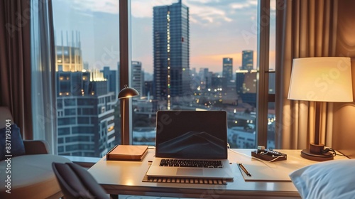 A modern laptop resting on a chic desk in a boutique hotel room  surrounded by floor-to-ceiling windows offering breathtaking views of a bustling cityscape or serene natural landscape