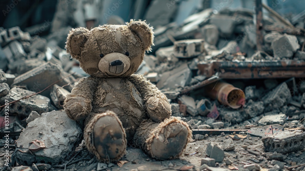 An abandoned teddy bear in a war zone. An Abandoned Teddy Bear Amidst the Rubble of War An abandoned teddy bear in a war zone. An Abandoned Teddy Bear Amidst the Rubble of War