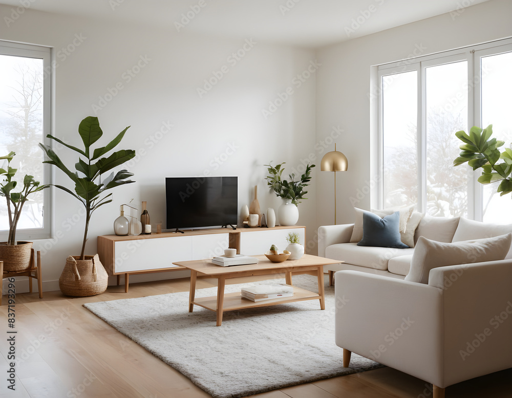 Fototapeta premium Relaxing in a bright living room with minimalist furniture and decor. Enjoying a peaceful moment at home