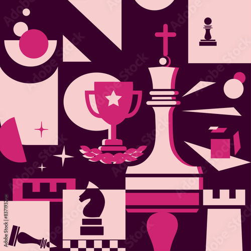 Abstract background in Bauhaus style. Chess pieces, board and prize cup. Poster, flyer, banner template in purple and pink colors.