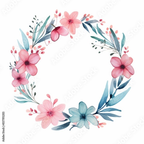 A colorful flower wreath with pink, blue, and white flowers