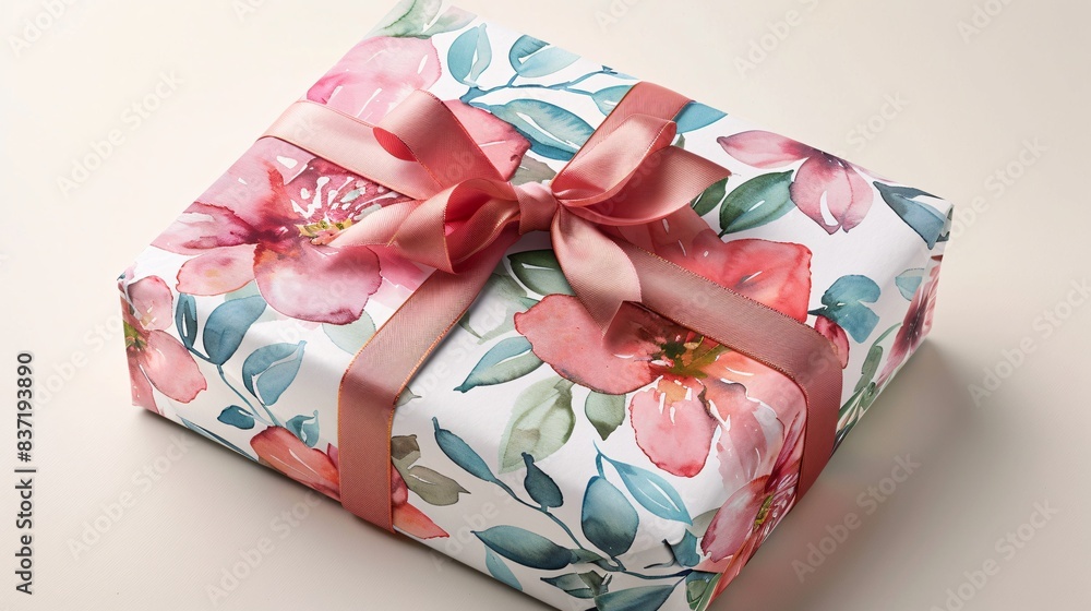 Beautifully Wrapped Gift Box with Floral Design and Pink Ribbon on Light Background - Perfect for Celebrations, Birthdays, and Special Occasions Beautifully Wrapped Gift Box with Floral Design and Pink Ribbon on Light Background - Perfect for Celebrations, Birthdays, and Special Occasions