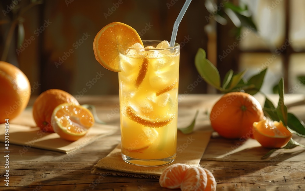 Fototapeta premium Fresh orange juice in a tall glass with ice and orange slices, surrounded by whole and halved oranges on a rustic wooden table.