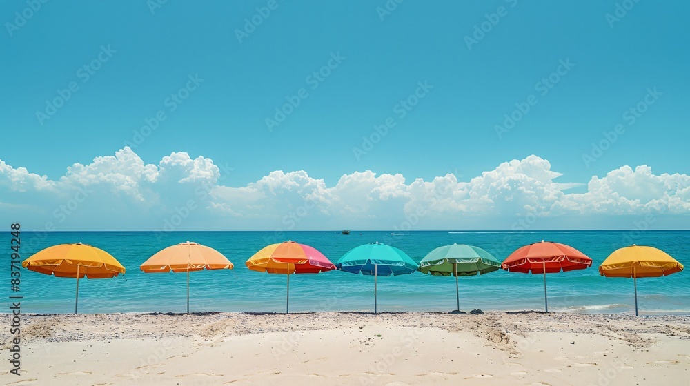 Fototapeta premium Colorful Beach Umbrellas Lined Up on a Sandy Shore with a Clear Blue Sky and Calm Ocean in the Background on a Sunny Day