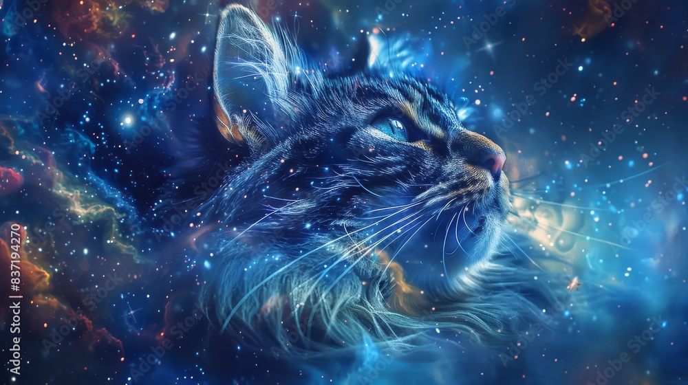 Majestic cat with galaxy background, blending of feline and cosmic elements in vibrant colors. Perfect for fantasy and space-themed designs. Majestic cat with galaxy background, blending of feline and cosmic elements in vibrant colors. Perfect for fantasy and space-themed designs.