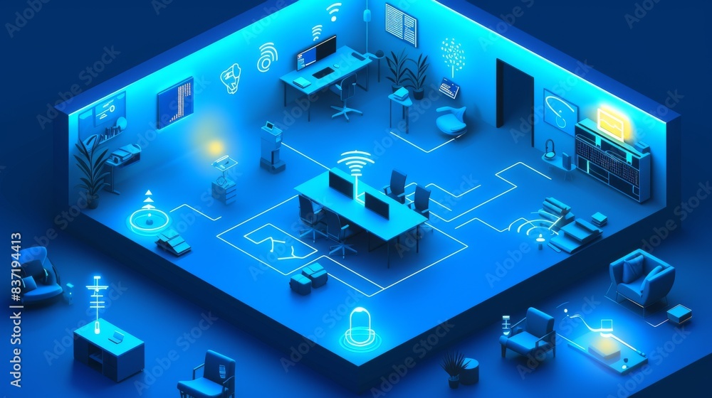 Smart office: graphical representation of an office space where IoT devices and AI systems optimize work processes, control lighting, climate and security --no text --ar 16:9 --quality 0.5 Job ID Smart office: graphical representation of an office space where IoT devices and AI systems optimize work processes, control lighting, climate and security --no text --ar 16:9 --quality 0.5 Job ID