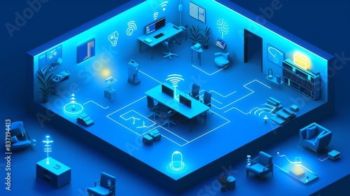 Smart office: graphical representation of an office space where IoT devices and AI systems optimize work processes, control lighting, climate and security --no text --ar 16:9 --quality 0.5 Job ID