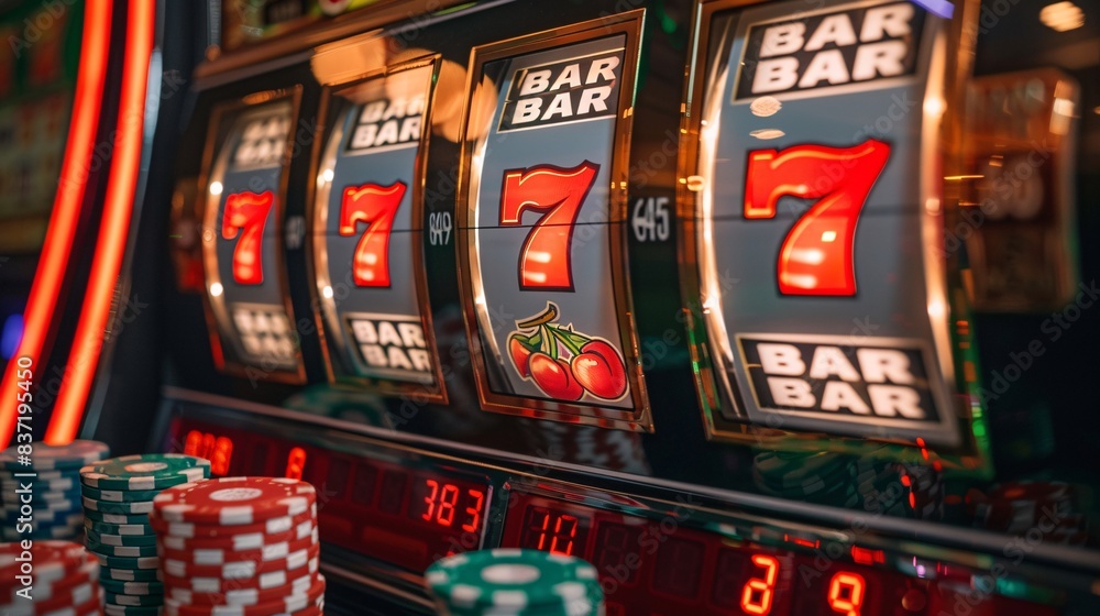 Slot Machine with Winning Combination of Sevens and Cherries in a Casino Setting with Colorful Poker Chips in Foreground Slot Machine with Winning Combination of Sevens and Cherries in a Casino Setting with Colorful Poker Chips in Foreground