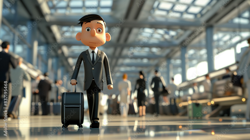 3D Illustration of a Cartoon Businessman at an Airport