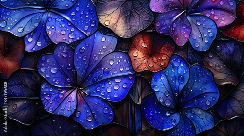 stained glass, dark blue and pink Morning glory with dew drops on petals and leave, vibrant colors. photo