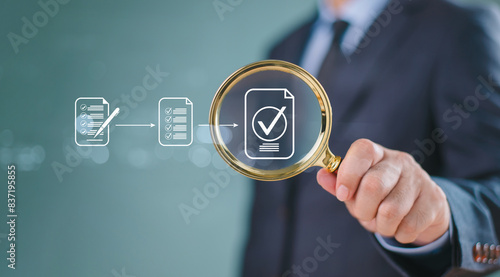 Document management service approve concept. Inspect check system, online document database, process manage file. Businessman hold magnifying glass. Audit compliance corporate business technology
