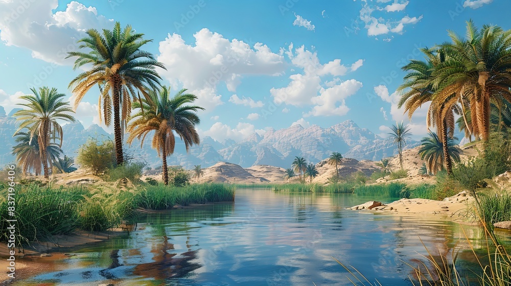 Serene Oasis: Stunning Desert Landscape with Palm Trees and Clear Blue Sky. Serene Oasis: Stunning Desert Landscape with Palm Trees and Clear Blue Sky.