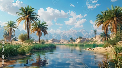 Serene Oasis  Stunning Desert Landscape with Palm Trees and Clear Blue Sky.