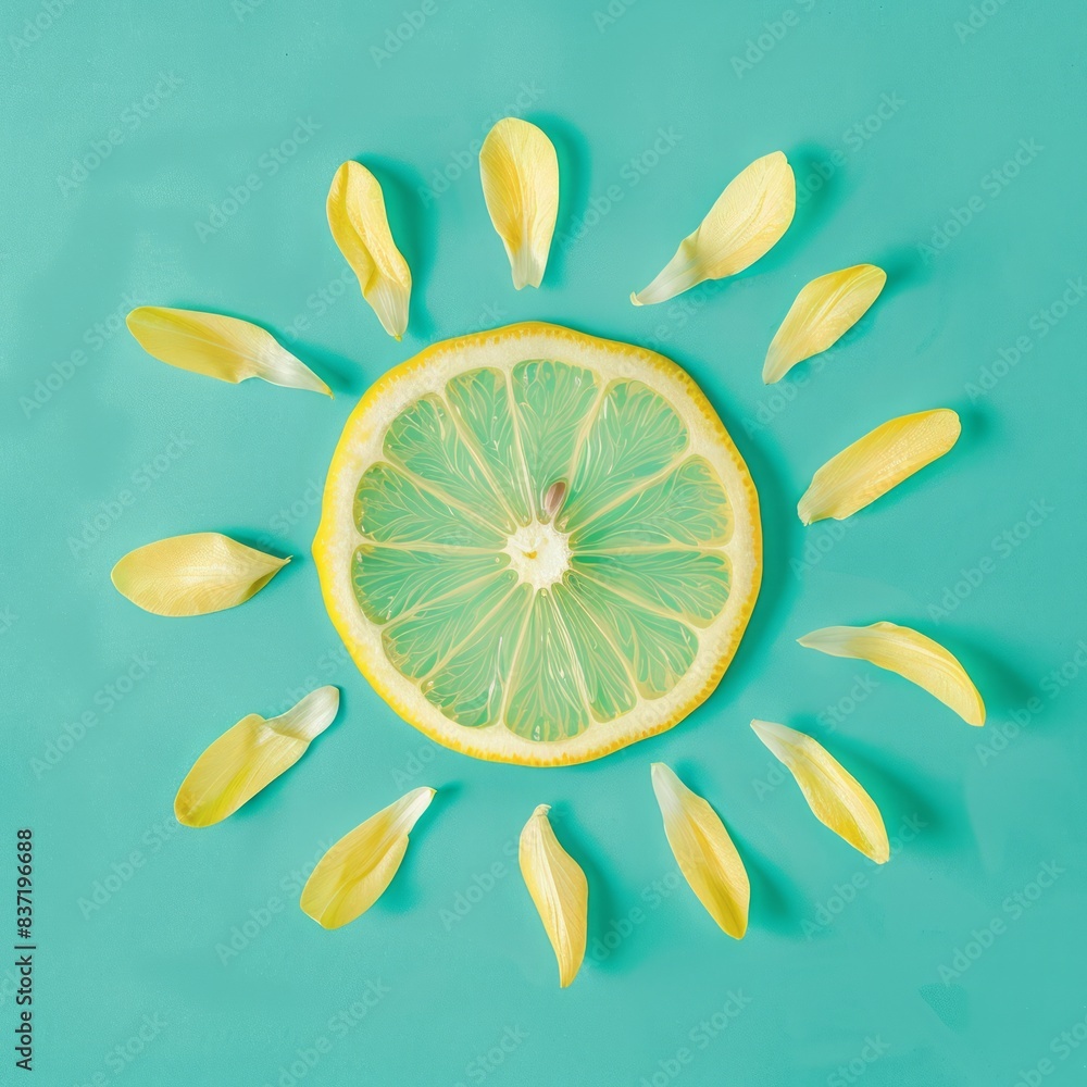 Sun made of lemon and yellow flower petals on bright blue background. Fruit summer minimal concept. Sun made of lemon and yellow flower petals on bright blue background. Fruit summer minimal concept.