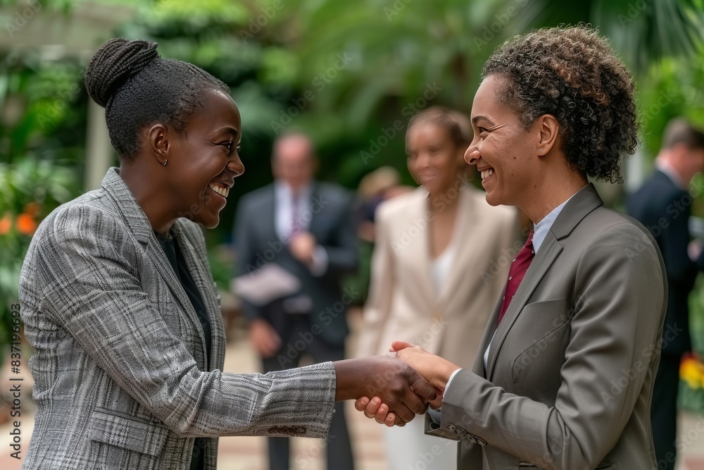 Two Women Shaking Hands in Front of a Group of People Two Women Shaking Hands in Front of a Group of People