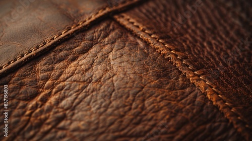 Close-up of Vintage Brown Leather Texture with Detailed Stitching, Perfect for Backgrounds, Textures, and Design Elements in Fashion, Upholstery, and Craft Projects