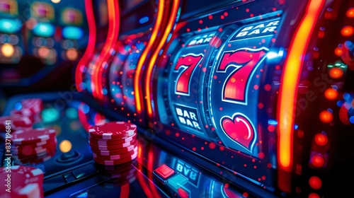 Vibrant Casino Slot Machine with Winning Sevens and Poker Chips in a Colorful Gaming Environment