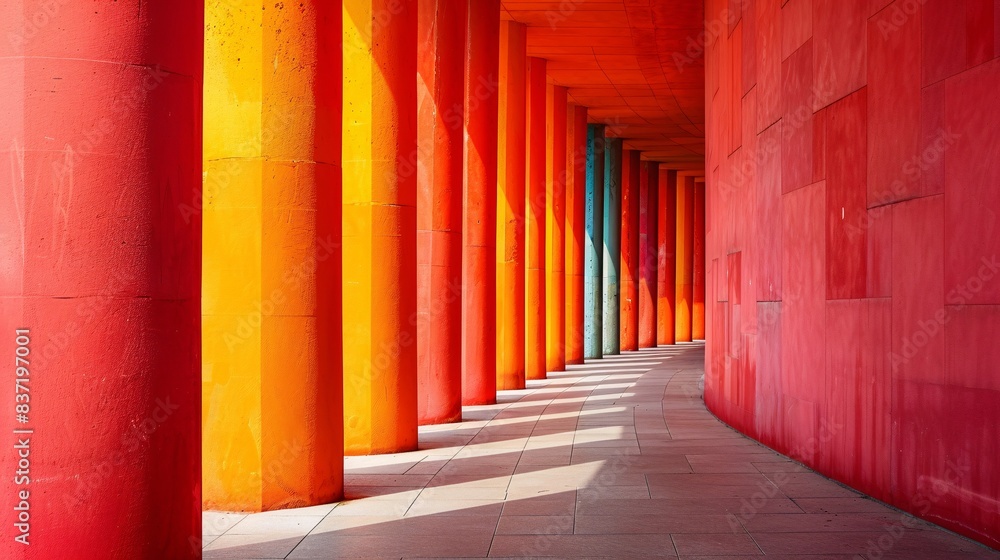 Fototapeta premium Vibrant Architectural Corridor with Colorful Columns and Shadows in Modern Urban Setting