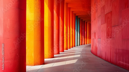 Vibrant Architectural Corridor with Colorful Columns and Shadows in Modern Urban Setting