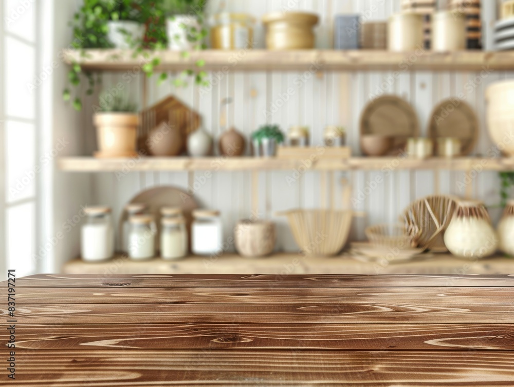 Product Display Ready: Wooden Table and Blurred White Shelves for ecommerce product placement and copyspace Product Display Ready: Wooden Table and Blurred White Shelves for ecommerce product placement and copyspace