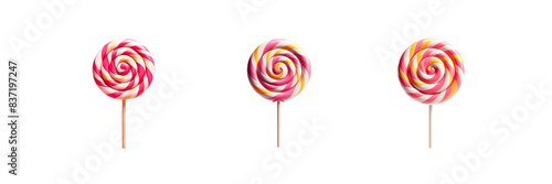 Set of three Pink, white and yellow spiral lollipop icon, isolated over on transparent white background