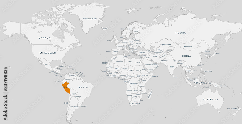 Fototapeta premium peru map.Geographical map of Peru with world map highlighted.