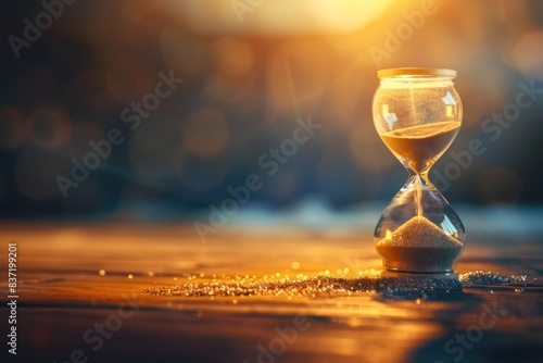 An hourglass with sand trickling down is in sharp focus in the foreground, symbolizing urgency.