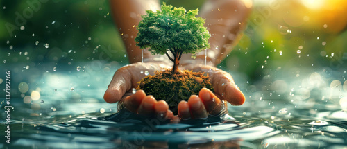Hands holding a small tree above water, symbolizing growth, nurturing, and environmental care for a sustainable future.