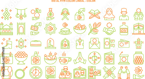 a set of eid mubarak icons in colored outline style