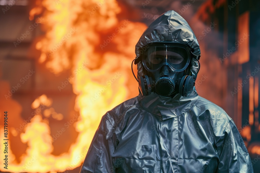 An industrial worker in a full protective suit in front of a burning fire. Workplace safety concept An industrial worker in a full protective suit in front of a burning fire. Workplace safety concept