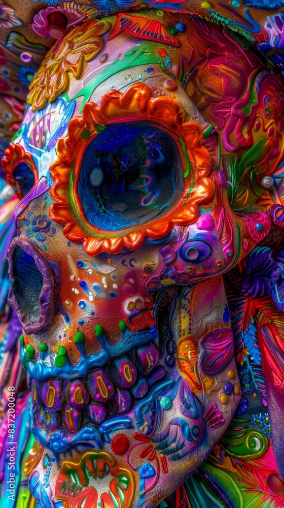 Fototapeta premium Colorful ceramic skull display at cultural festival