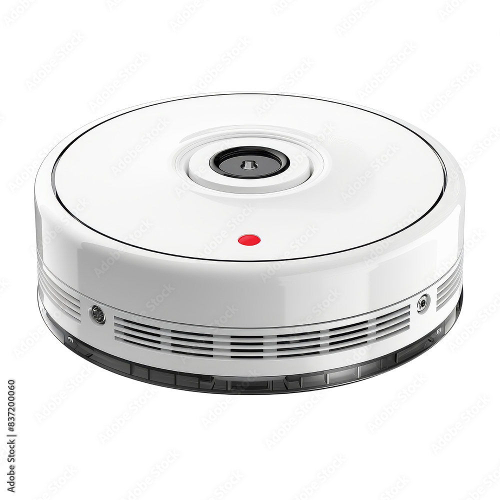 A white, round, home security device with a red light indicator, isolated on a white background. A white, round, home security device with a red light indicator, isolated on a white background.
