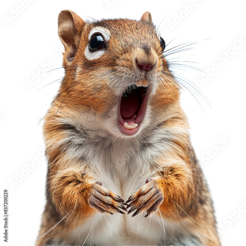 A surprised squirrel with its mouth wide open, looking up with large eyes. isolated on a white background.	