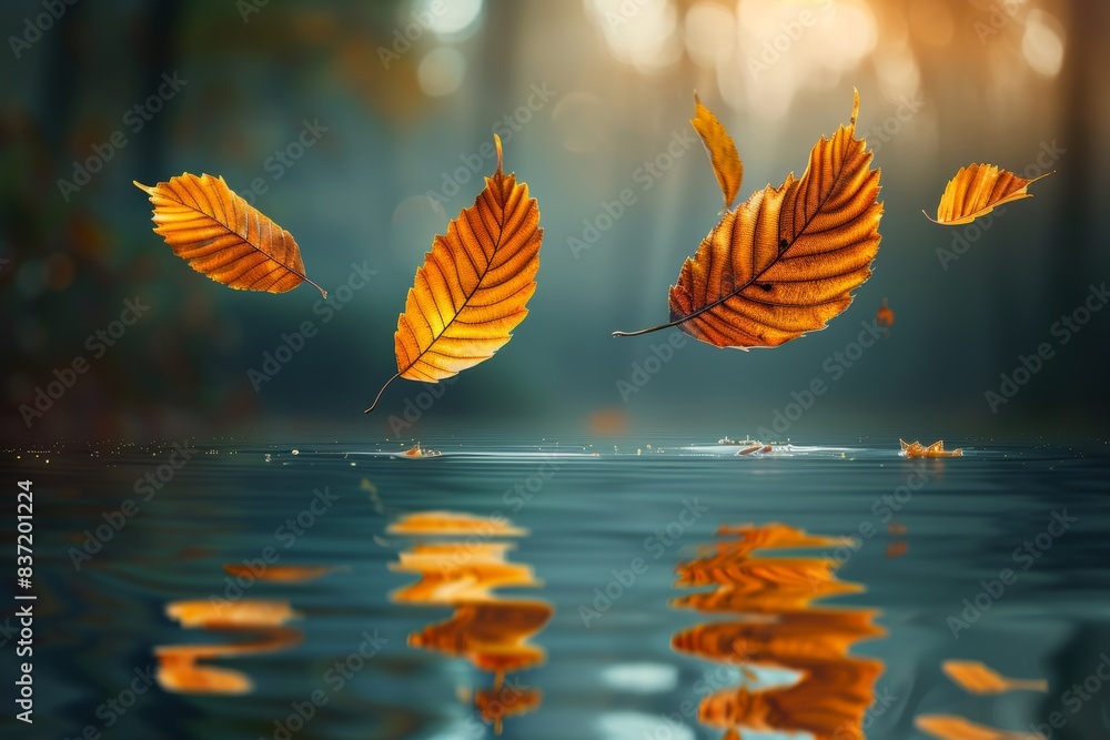 Autumn leaves floating above tranquil water at golden hour Autumn leaves floating above tranquil water at golden hour