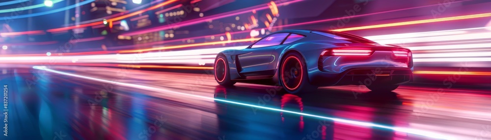 Electric car on a futuristic road, high angle, neon lights, 3D rendering Electric car on a futuristic road, high angle, neon lights, 3D rendering