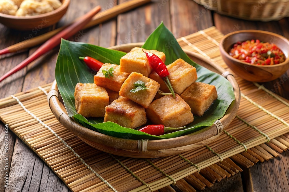 tahu Goreng, or Fried Tofu, is an Indonesian traditional food made from fermented soybean extract and served with chilli and soy sauce. selective focus tahu Goreng, or Fried Tofu, is an Indonesian traditional food made from fermented soybean extract and served with chilli and soy sauce. selective focus