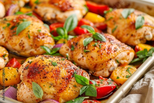 Roasted chicken with colorful bell peppers and fresh basil in a baking dish