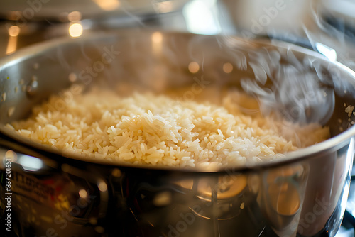 A pot of rice cooking medium grain blonde japonica rice. photo