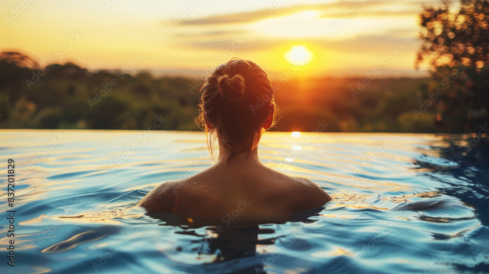 Woman enjoys a serene sunset view from an infinity pool, reflecting the vibrant colors of the fading daylight in a tranquil setting. Woman enjoys a serene sunset view from an infinity pool, reflecting the vibrant colors of the fading daylight in a tranquil setting.