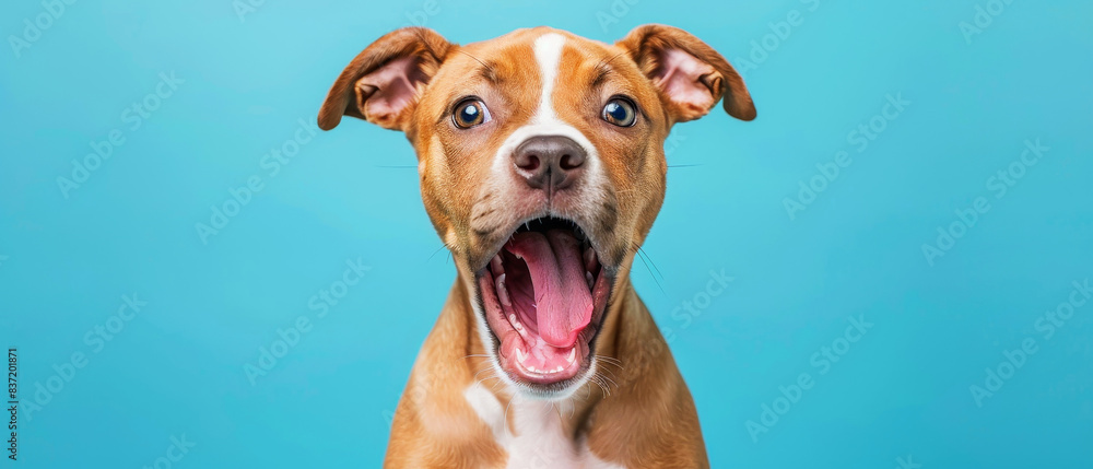 Close-up of an adorable puppy with a surprised expression against a blue background. Perfect for pet-themed projects and animal lovers. Close-up of an adorable puppy with a surprised expression against a blue background. Perfect for pet-themed projects and animal lovers.