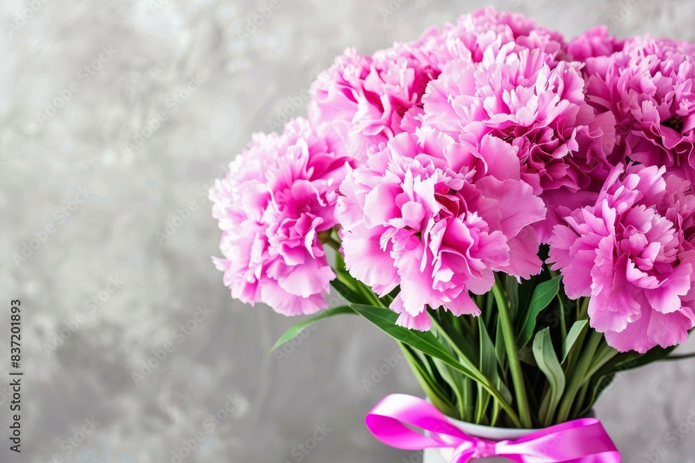 Vibrant pink peony bouquet with satin ribbon on textured background