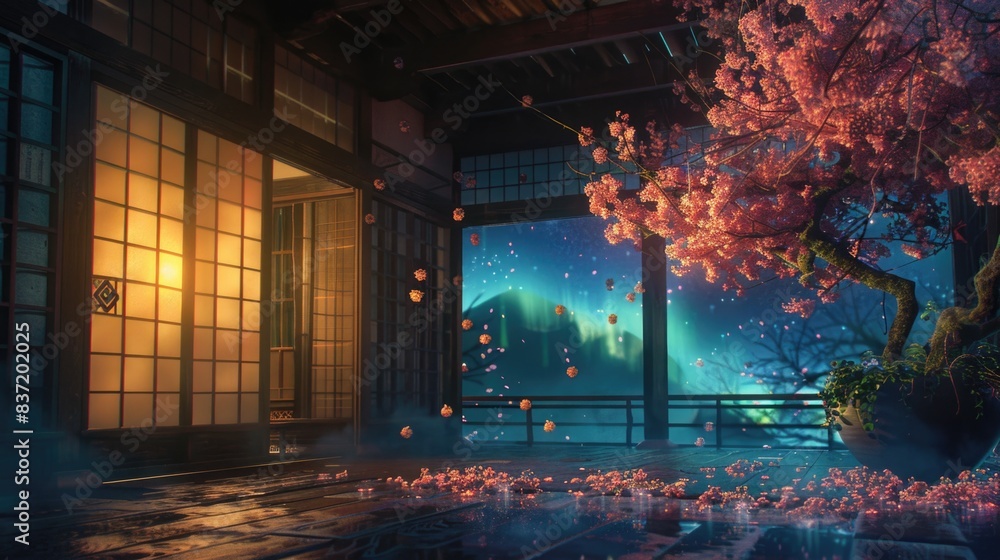 Ancient Japanese house. Lit window. Night with aurora borealis. Cherry blossom tree Ancient Japanese house. Lit window. Night with aurora borealis. Cherry blossom tree